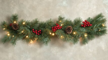 Poster - A simple Christmas decoration featuring red berries and green pine branches, with soft lighting and room for your branding or design.