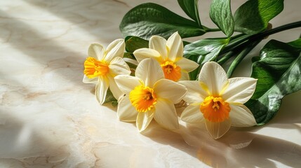 Poster - A simple, elegant arrangement of yellow daffodils and green leaves placed on a light surface with soft background lighting and ample space for text.