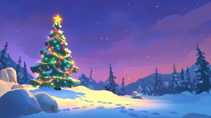 Poster - A snowy Christmas scene featuring a decorated tree with twinkling lights and ornaments, plenty of space around for design or text.