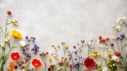 Poster - A vibrant bouquet of wildflowers placed on a neutral background with soft lighting, leaving plenty of space for your design.