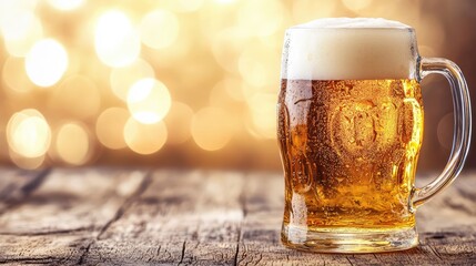 Poster - Backlit beer mug glowing with golden hues on wooden table, copy space above.