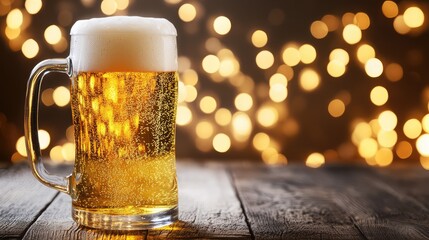 Poster - Backlit beer mug glowing with golden hues on wooden table, copy space above.