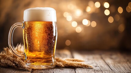 Poster - Backlit beer mug glowing with golden hues on wooden table, copy space above.