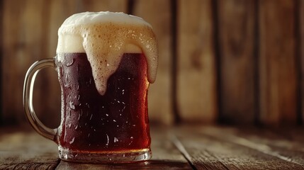 Poster - Close-up shot of beer mug with froth overflowing, warm wooden surface and copy space.