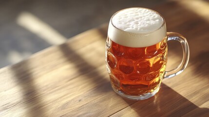 Poster - Close-up shot of beer mug with froth overflowing, warm wooden surface and copy space.