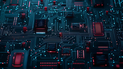 Poster - Abstract Circuit Board Pattern with Red and Blue Lights