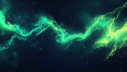 Aufkleber - Abstract glowing turquoise and green energy wave with light particles on a dark blue background, ideal for banners, posters, or presentations in a futuristic design theme.