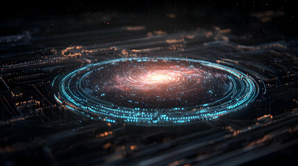 Poster - Abstract Futuristic Galaxy Projection On Circuit Board