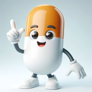 Animated character 3D image of medicine pill pharmacy mascot. Smiling, waving, and pointing pill with funny face, white background