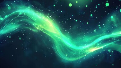 Aufkleber - Abstract glowing turquoise and green energy wave with light particles on a dark blue background, ideal for banners, posters, or presentations in a futuristic design theme.