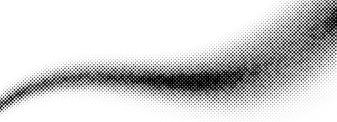 Poster - Black halftone wave background. Abstract grain fluid backdrop texture. Dotted curved flow wallpaper. Grit pop art swoosh element for poster, banner, overlay, template, brochure, flyer, leaflet. Vector