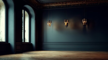 Aufkleber - Elegant empty vintage room interior at night with classic architectural details and dramatic lighting, offering spacious copy space for creative design, advertising, or promotional layout