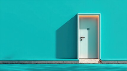Poster - A door floating above the ground in a blue wall glowing brightly creating an ethereal and dreamlike atmosphere