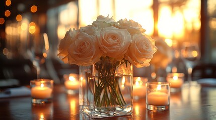 Poster - Soft sunlight filters through a cozy dining area as a vase filled with white roses takes center stage, accompanied by flickering candles that enhance the romantic ambiance.