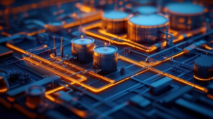 Poster - Abstract digital technology background with glowing pipes and tanks in a futuristic industrial setting