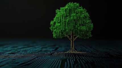 Poster - Abstract Digital Tree Representing Nature and Technology with Binary Data for Environmental Conceptual Art