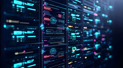 Poster - Futuristic Server Room With Glowing Code