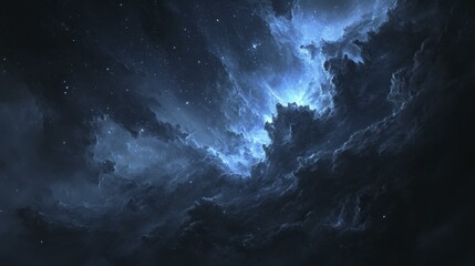Mysterious ethereal blue cosmic nebula and brilliant starlight in vastness of deep space universe
