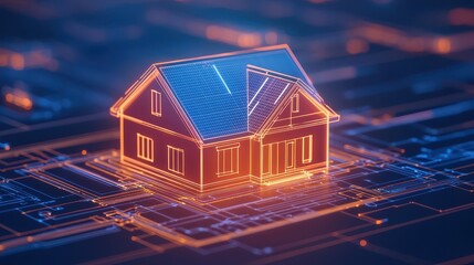 Poster - 3D Render of a Modern House with Solar Panels on a Digital Circuit Background in Blue and Orange Colors