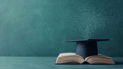 Poster - Graduation Cap on Open Book with Sparkling Magic Dust on Green Background