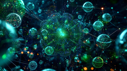 Poster - Abstract Glowing Sphere System With Green And Blue Lights