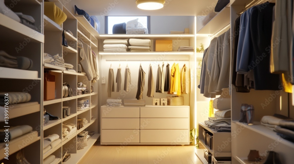 Elegant walk in closet interior with organized clothing and shelves ...