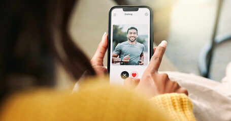Poster - Hands, connection and phone screen in home for swipe, scroll and choice for love on sofa. Female person, network and mobile app for creating profile, chat and decision for match on dating website