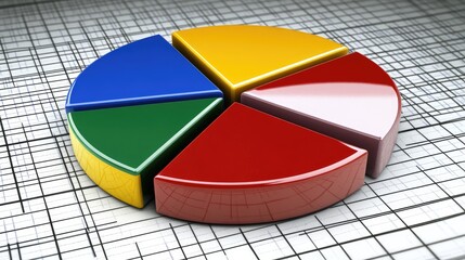 Fototapete - A colorful D pie chart with floating, glossy segments, each representing different business metrics. The chart hovers above a grid background with glowing data points.