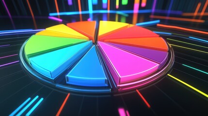 Fototapete - A detailed D pie chart in vibrant colors, with each slice separated to highlight different business sectors. The chart floats above a digital interface with glowing lines.
