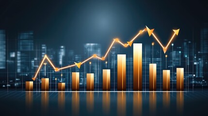 Poster - A glowing D bar chart in metallic colors, floating above a dark background with digital data points and arrows indicating upward trends, symbolizing business success.