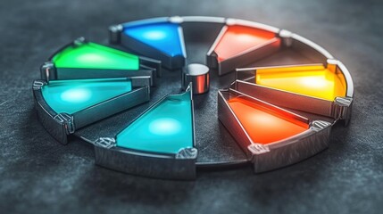 Poster - A modern D pie chart with shiny, transparent slices in vivid colors, floating in space. Each slice represents a different portion of sales or financial data.