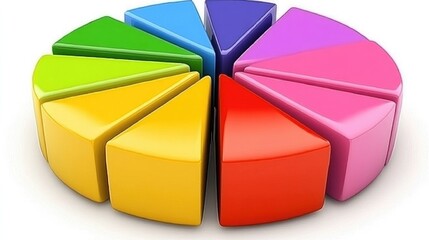 Fototapete - A rotating D pie chart with bold colors and segmented slices, representing different market shares. The chart is displayed against a white background with light reflections.