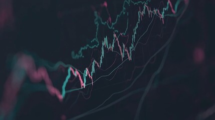 Poster - A sleek financial chart with bold lines representing stock market trends. Green lines show growth, while red lines depict declines, set against a high-tech data grid background.