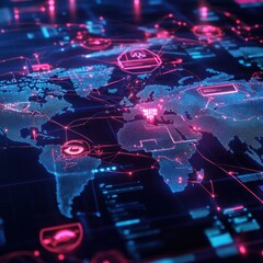 Poster - Global network security visualization of worldwide interconnected data flows.