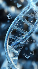 Poster - A broken DNA strand is shown in a blue color. Concept of fragility and vulnerability, as the DNA strand is depicted as being shattered and broken