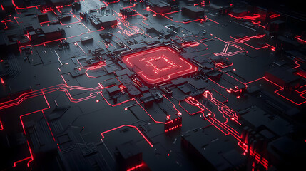 Poster - Abstract Circuit Board With Glowing Red Processor