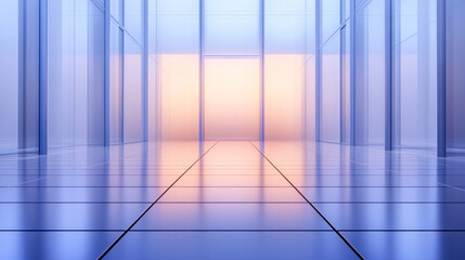 Poster - A large, empty room with a blue floor and a large window. The room is very open and has a very modern feel to it