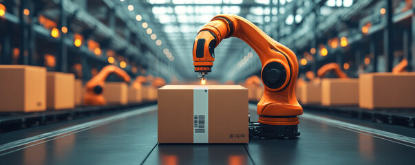 Poster - A robot is working on a box in a warehouse. The robot is orange and has a laser on its head. The box is brown and has a white strip on it. The warehouse is filled with boxes
