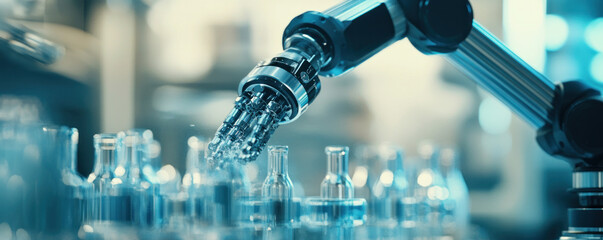 Poster - A robot is working on a line of bottles. The robot is in a factory setting and is surrounded by many bottles. The robot is focused on its task and he is working efficiently