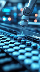 Poster - A robot is spraying a blue liquid on a keyboard. The robot is in a factory setting. The liquid is likely a type of paint or coating that is being applied to the keyboard