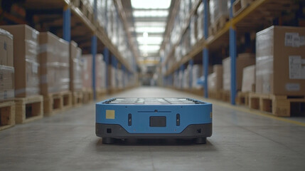 Poster - A blue robot is in a warehouse. The robot is in the middle of the warehouse and is surrounded by boxes