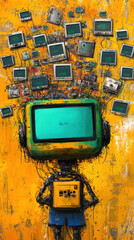Poster - A robot with a green screen on its head is surrounded by many old televisions. The robot is looking at the viewer with a serious expression