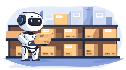 Poster - A robot is holding a box and standing in a warehouse. The robot is holding a box that says 