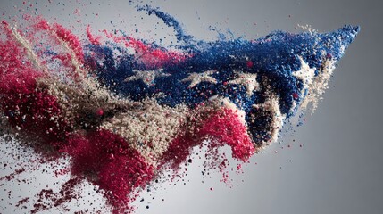 Poster - A red white and blue explosion of color fragments blending in air representing the usa and china digital flag dynamics