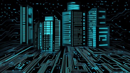 Poster - A futuristic cityscape with glowing buildings on a circuit board.