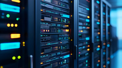 Poster - Close Up Of Dark Server Rack With Glowing Lights