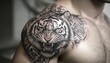 © nahwul - Bold tiger tattoo gracing a man's shoulder, blending ferocity with intricate artistry