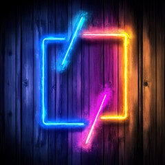 Fototapete - Vibrant Neon Square Frame on Dark Wooden Background