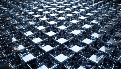  Precision Metalwork Interlocking Silver Cubes in a Structured Formation, Reflective Surfaces, Clean Aesthetic