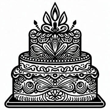 Black and White Outline of a Layered Decorative Cake